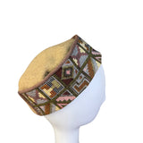 Wool Unisex Beige & Multicolor Geometric-Pattern Cap Handmade