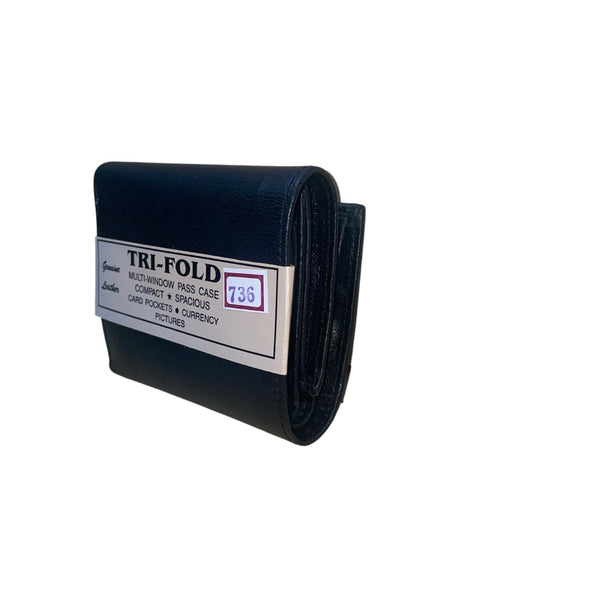 Genuine Leather Men’s Black Tri-Fold Wallet Multi-Window Pass Case Card Pockets