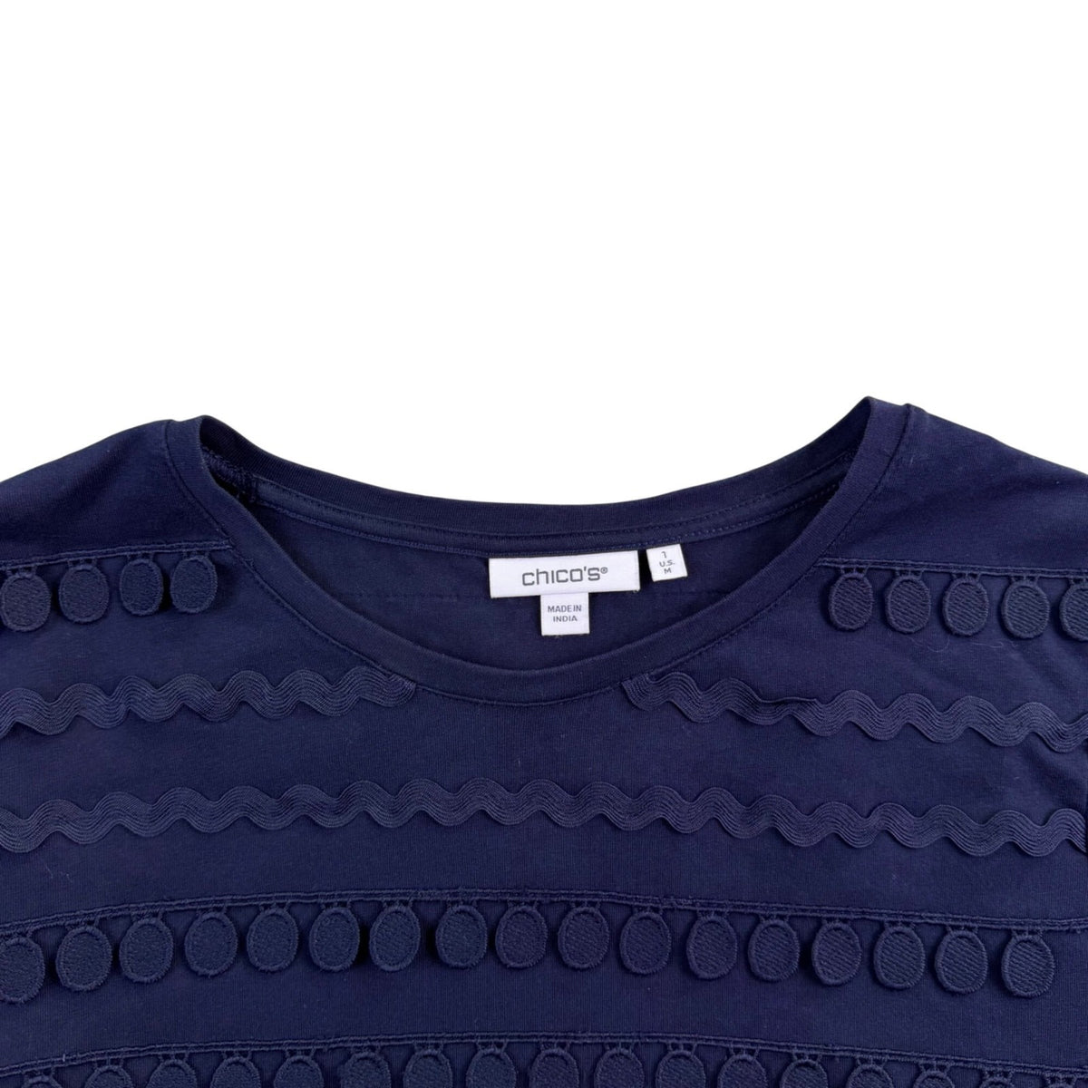 Chicos Womens Navy Cotton Blend Decorative Textured Top Size 1 USA M