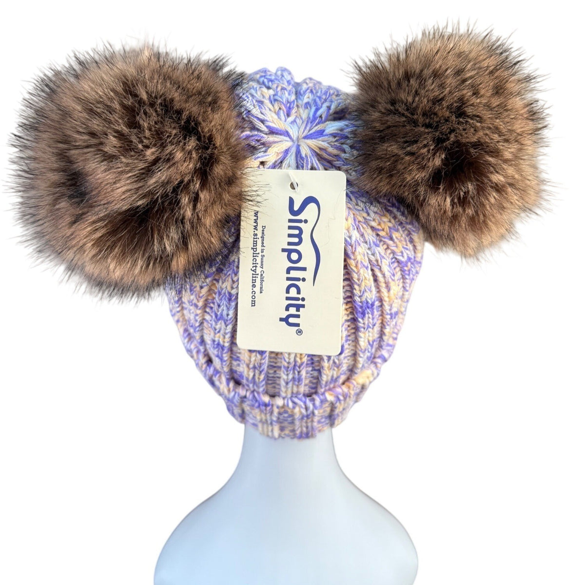 Simplicity Womens Lavender/Beige Knit Hat With Faux Fur Pom-Poms Warm Winter