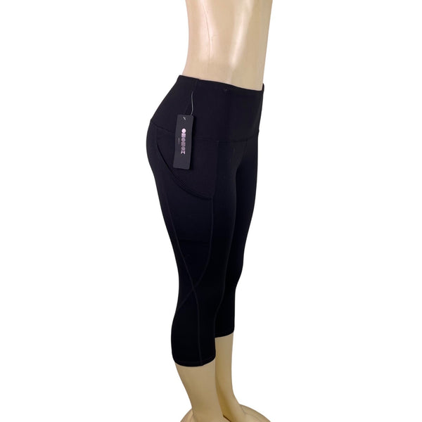 Ododos Womens Black Polyester/Spandex High-Waist Pocket Capri Leggings Size S -