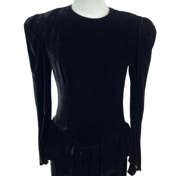 Vtg 80s Wayne Clark Black Velvet Dress With Puff Sleeves & Bow Back Detail Sz 4