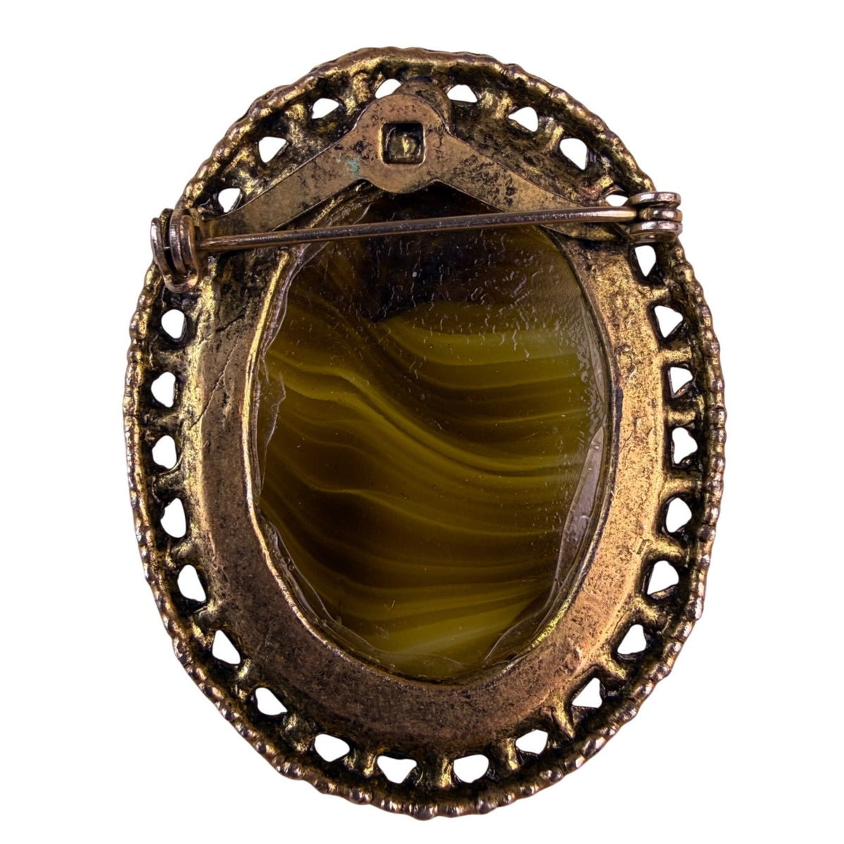 Germany Womens Olive Green Brown Slag Glass Brooch Filigree Frame