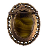 Germany Womens Olive Green Brown Slag Glass Brooch Filigree Frame