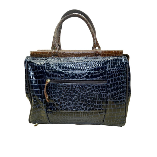 Samantha Brown Women’s Brown & Blue Faux Croc Embossed With Zippered Satchel Bag