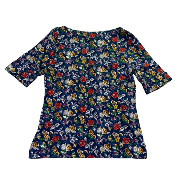 Lauren Ralph Lauren Womens Blue Floral Print Cotton Blend Top Size L