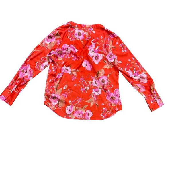 Talbots Women’s Red Floral Polyester Blend Long Sleeve V-Neck Blouse Sz M