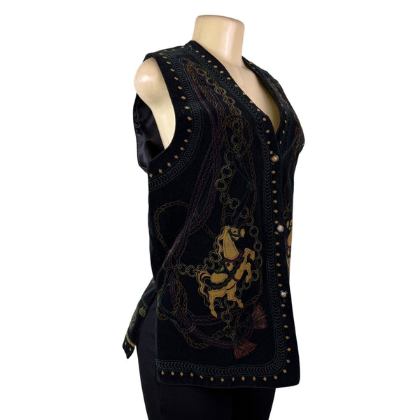 Rose Fashion Womens Black Embroidered Sleeveless Vest Chain Horse Design Sz M