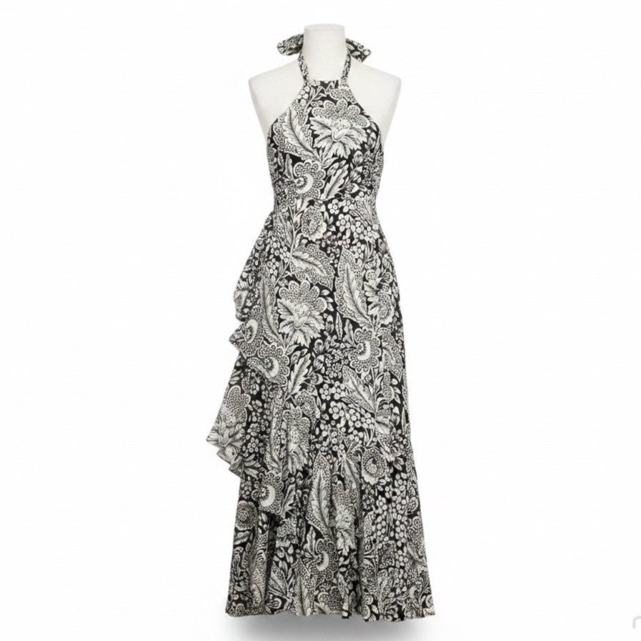J.Crew Womens Black & White Viscose Halter Maxi Dress Floral Print Size 4