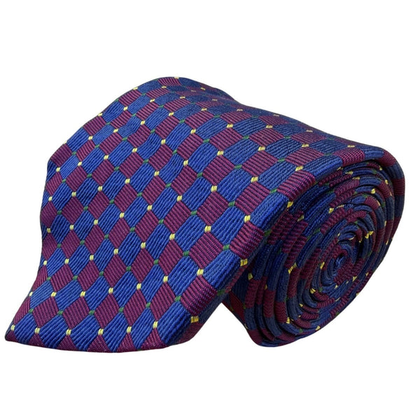 Paul Fredrick Mens Blue & Burgundy Silk Necktie Checkered Woven Hand Sewn
