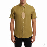 Stitch Note Mens Olive Linen Button-Up Shirt Short Sleeve Lightweight Sz S - New