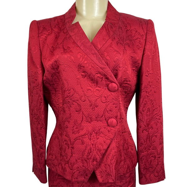 Vtg Christian Dior Women's Red Floral Skirt and Collarless Blazer Suit Sz 6