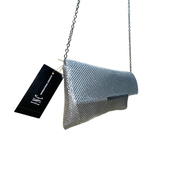 INC Women’s Silver Metallic Mesh Chain Strap Fold-Over Design Clutch Bag