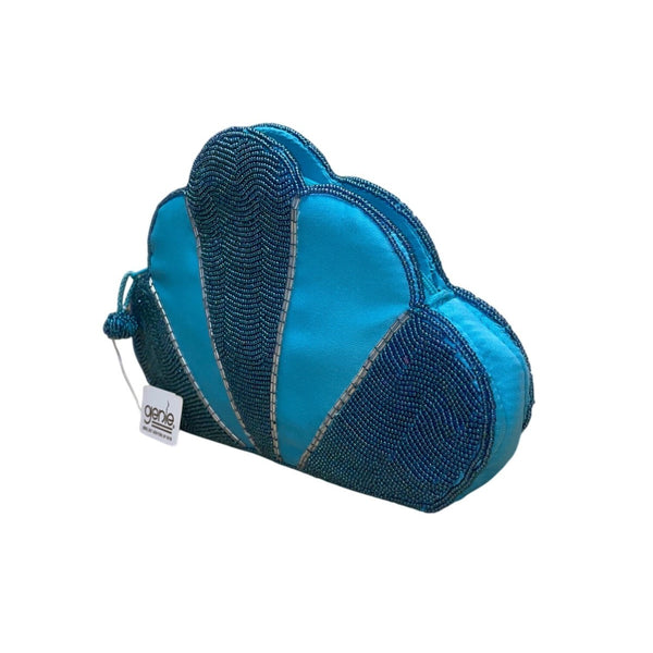 Genie Women’s Blue Beaded Satin Cloud Shaped Clutch Handbag Zipper Closure