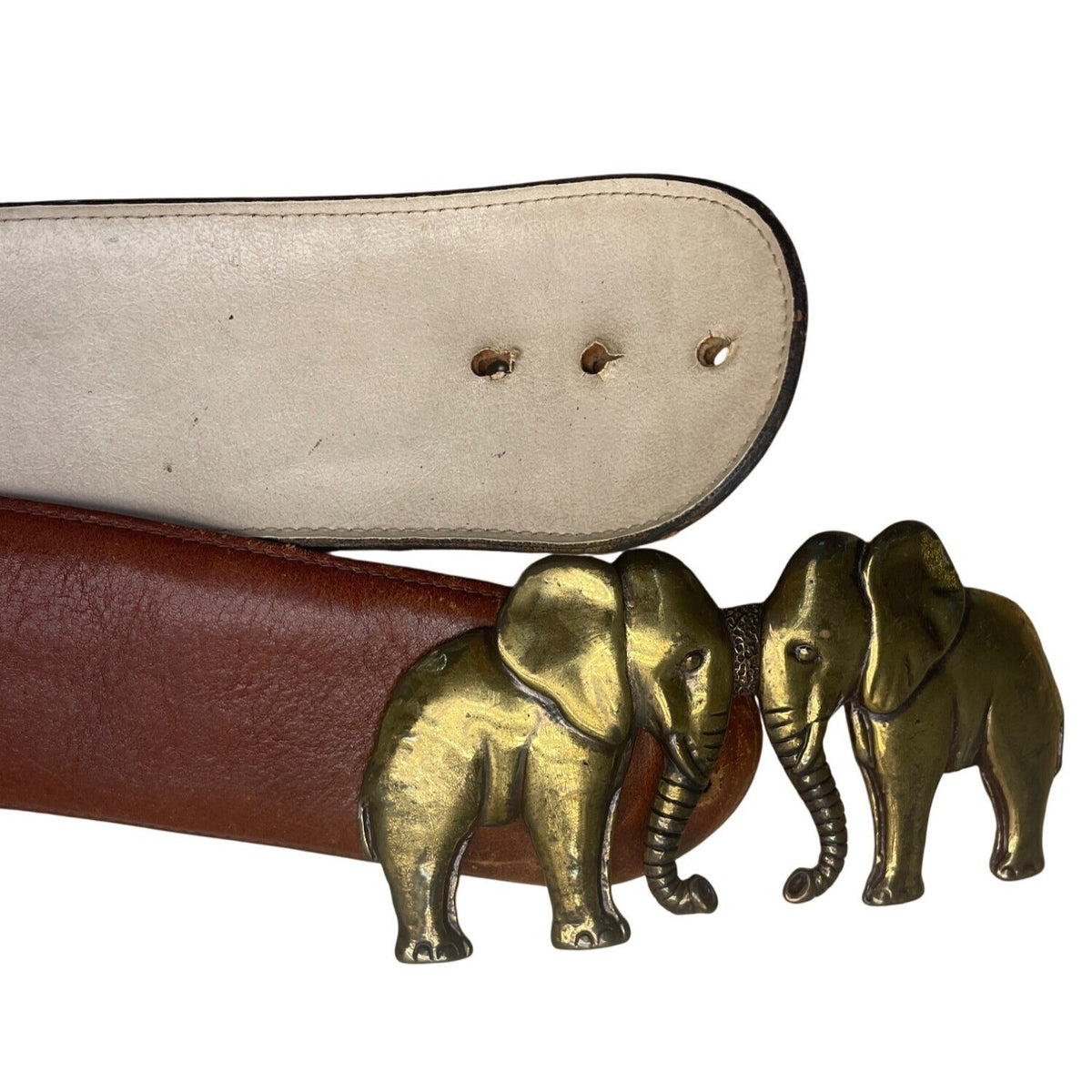 Vintage Tina Rose Brown Leather Belt With Brass Elephant Buckle