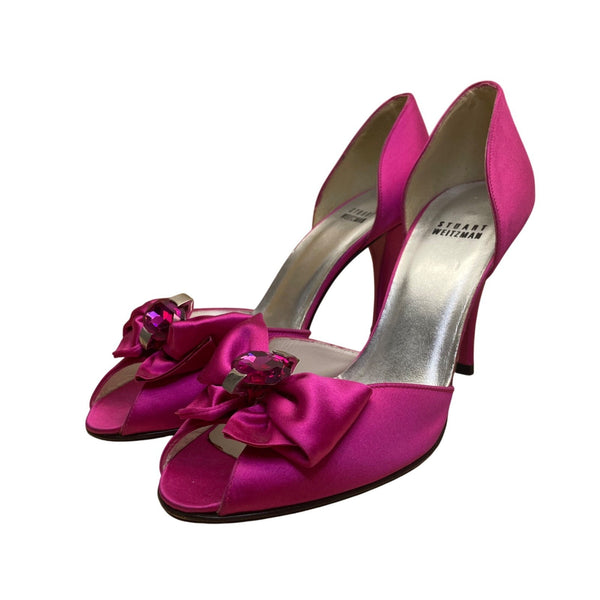 Stuart Weitzman Women’s Pink Satin Open Toe Bow Embellished DOrsay Heel Sz 8.5