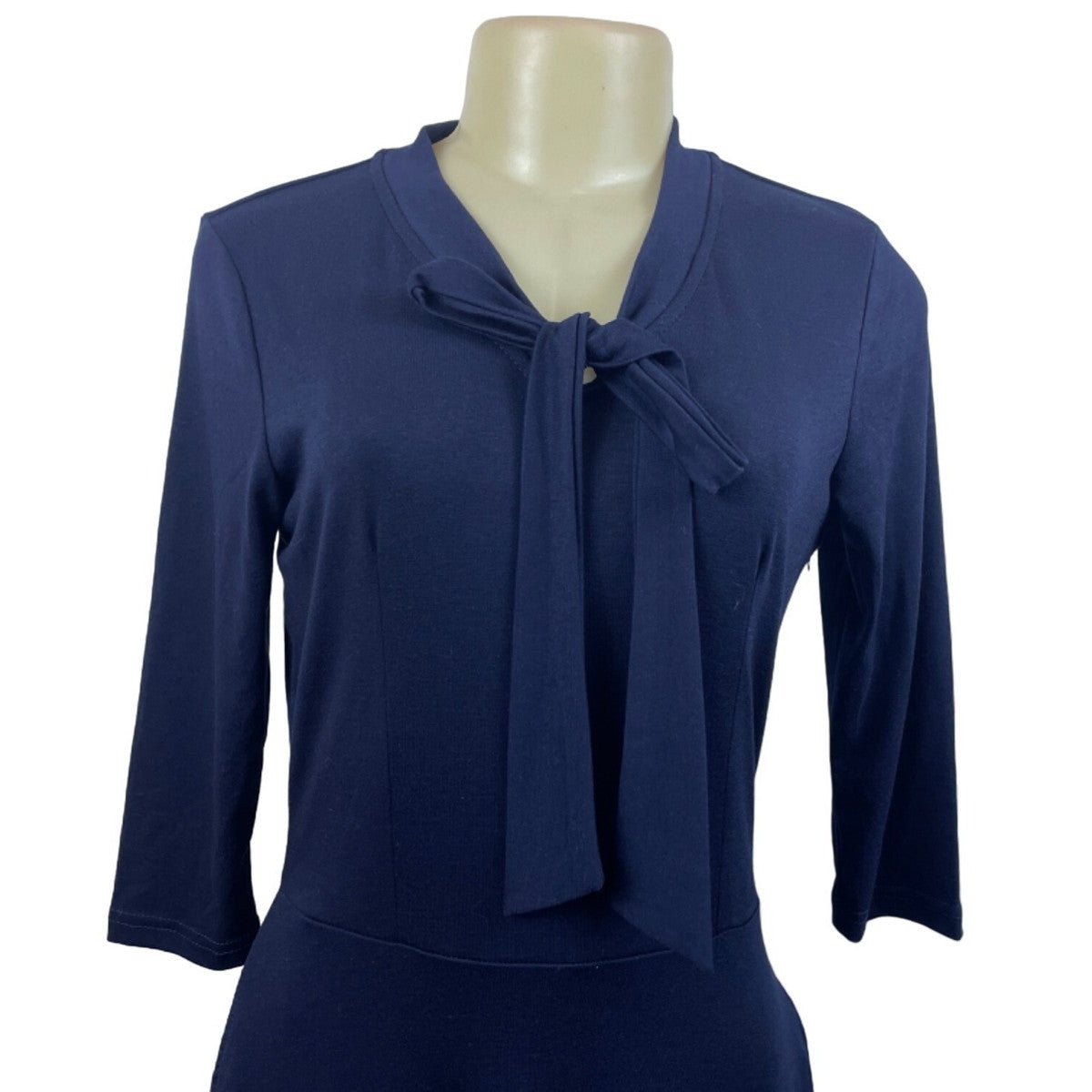 Navy Blue Womens Knit Dress With Bow Front & Pockets Soft Comfortable Medium Siz