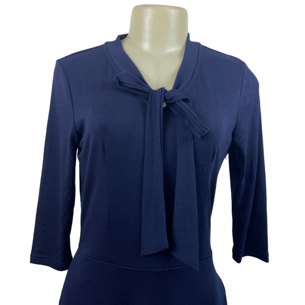 Navy Blue Womens Knit Dress With Bow Front & Pockets Soft Comfortable Medium Siz