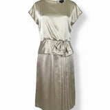 Jamie Womens Champagne Satin Pleated Dress With Bow Detail & Cap Sleeves Size M