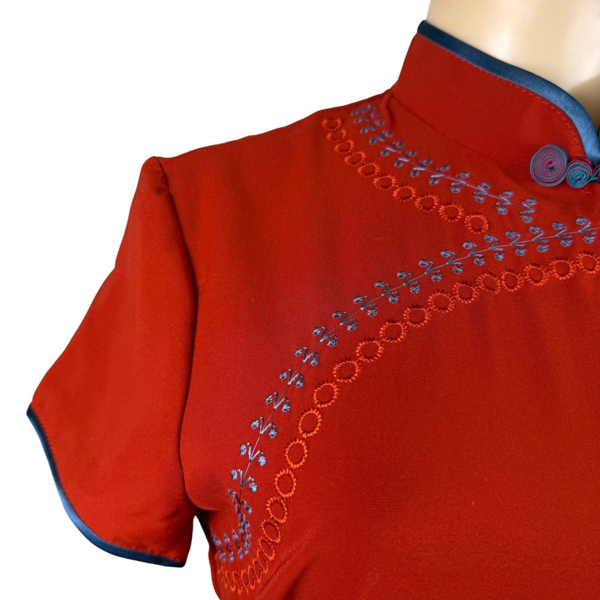 Womens Red Cheongsam Qipao Dress With Blue Trim & Embroidery Elegant Style Sz XL
