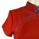 Womens Red Cheongsam Qipao Dress With Blue Trim & Embroidery Elegant Style Sz XL