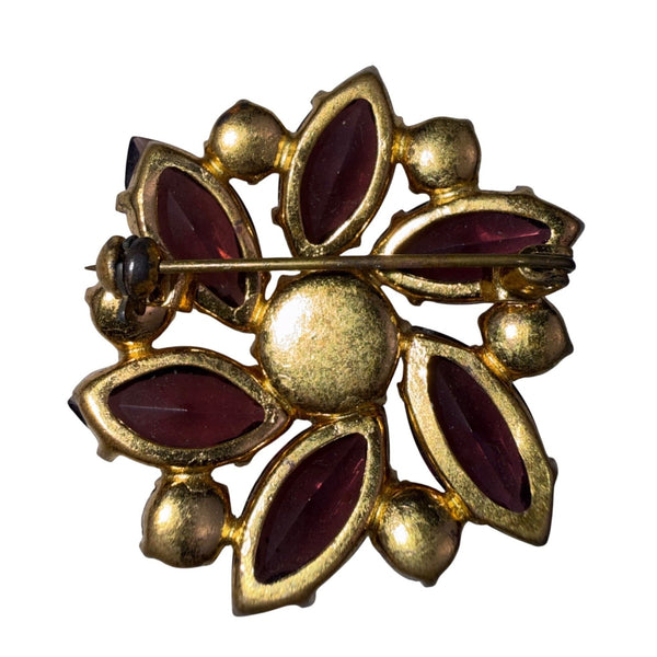 Vintage Floral Rhinestone Brooch Floral Design Iridescent & Amethyst Gold Tone