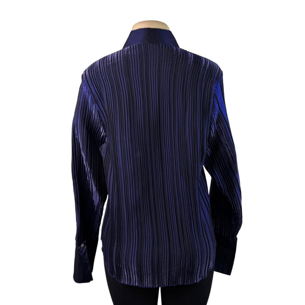 Caviar Womens Navy Satin Blend Pleated Button-Up Shirt Long Sleeve Sz XL