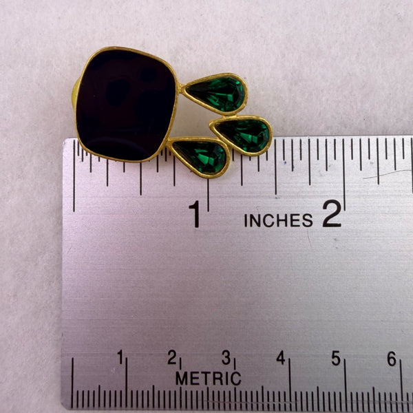 1980s Unknown Women Gold Tone Metal Drop Earrings Green Crystal Black Enamel
