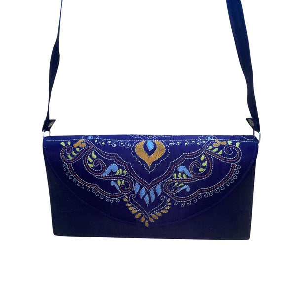 Embroidered Shoulder Bag Women Blue Fabric Fold-Over Clutch Adjustable Strap