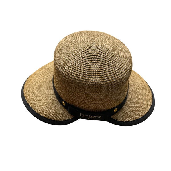 Eric Javits Womens Natural & Black Squishee Straw Sun Hat Adjustable Band OS