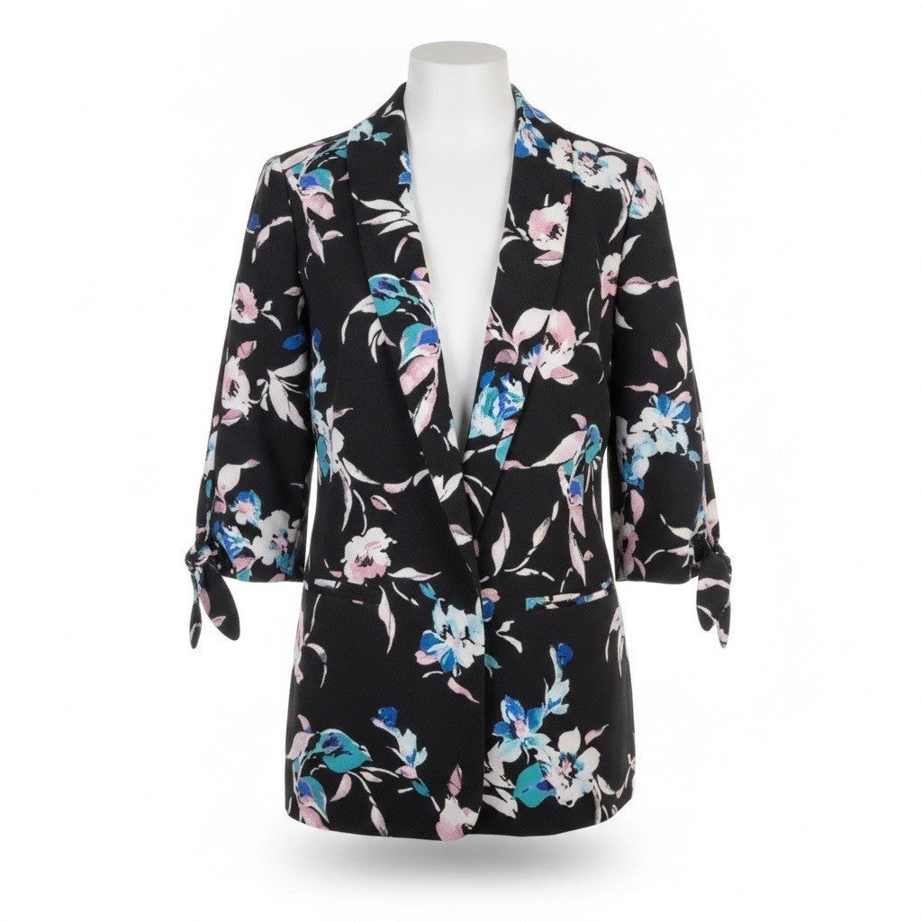 Lane Bryant Womens Black Flora Strech Blazer 3/4 Sleeve Tie Cuffs Size 14/16