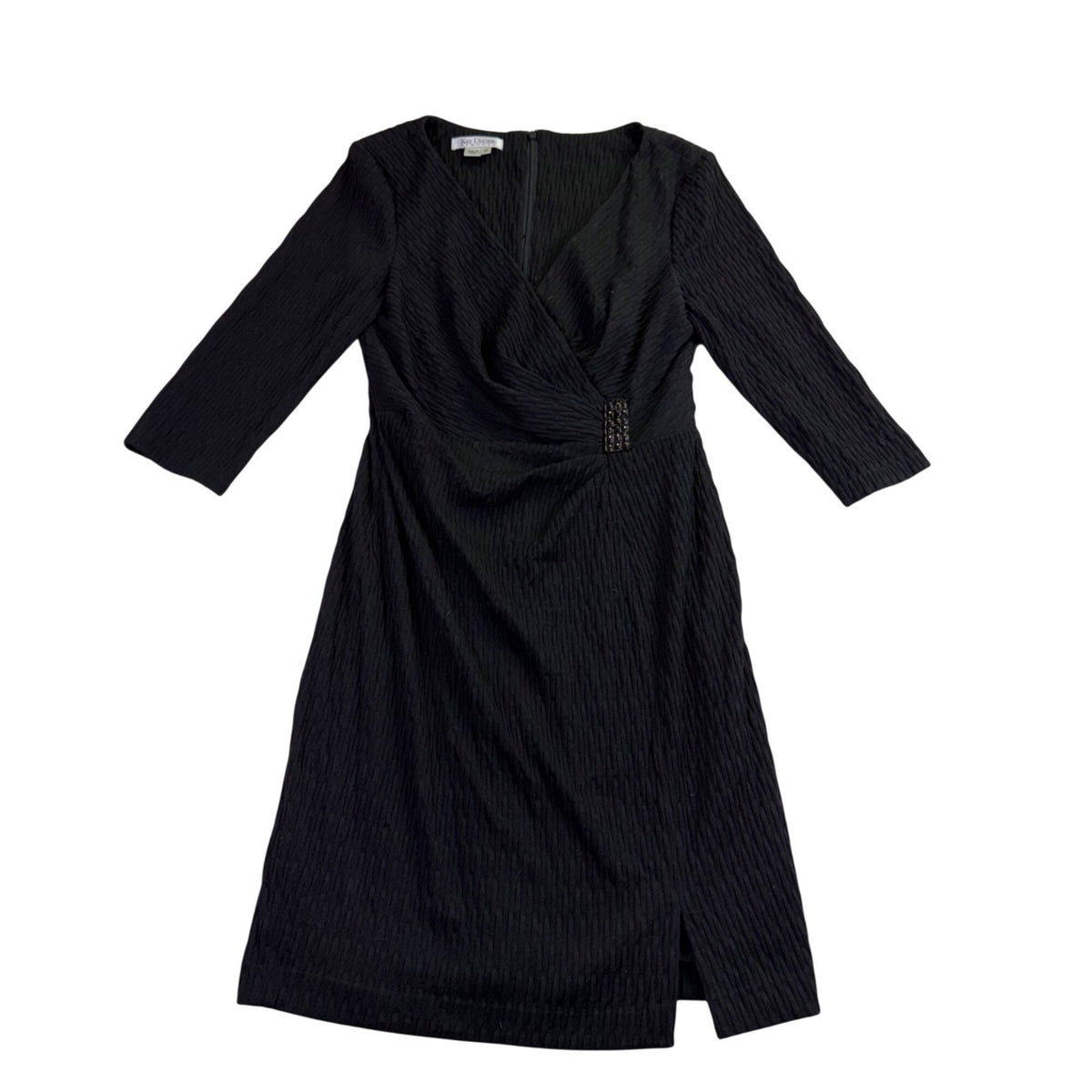 Kay Unger Womens Black Nylon Blend 3/4 Sleeve Embellished Wrap Midi Dress Size 1