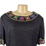 Lawrence Kazar Womens Black Beaded Silk  Jacket & Top Floral Embellished Sz 2X