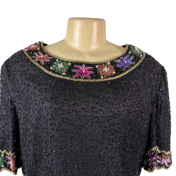 Lawrence Kazar Womens Black Beaded Silk  Jacket & Top Floral Embellished Sz 2X