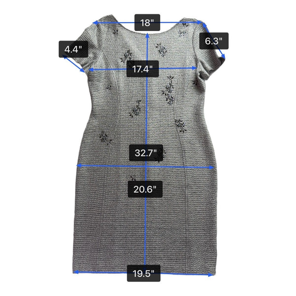 St. John Women’s Silver Sheath Metallic Dress Embroidered Short Sleeve Sz 12