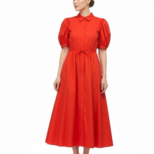 Lauren Ralph Lauren Womens Red Button-Up Puff Sleeve Midi Dress Sz 12 - New