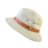Scala Mens Beige Canvas Bucket Hat W/ Leather Band Sun Protection