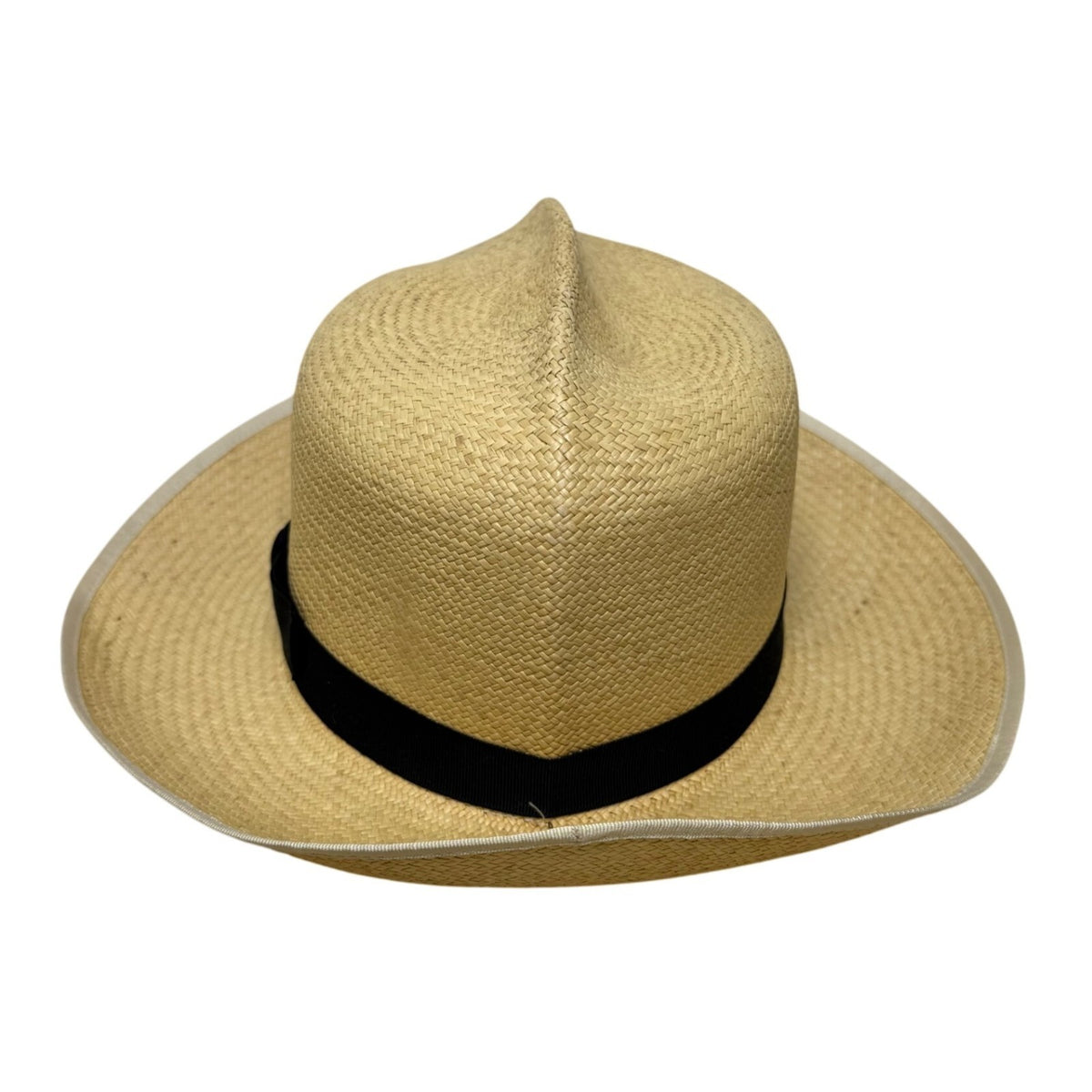 Vintage Genuine Panama Handwoven Straw Wide Brim Hat Black Ribbon Size 6 7/8