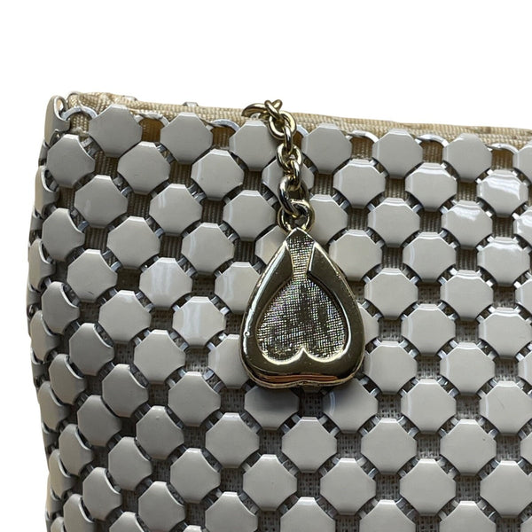 Whiting & Davis Women’s Beige Metal Mesh With Gold Heart Charm Accent Clutch Bag