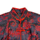 Women Black Red Brocade Floral Mandarin Jacket Laced Up