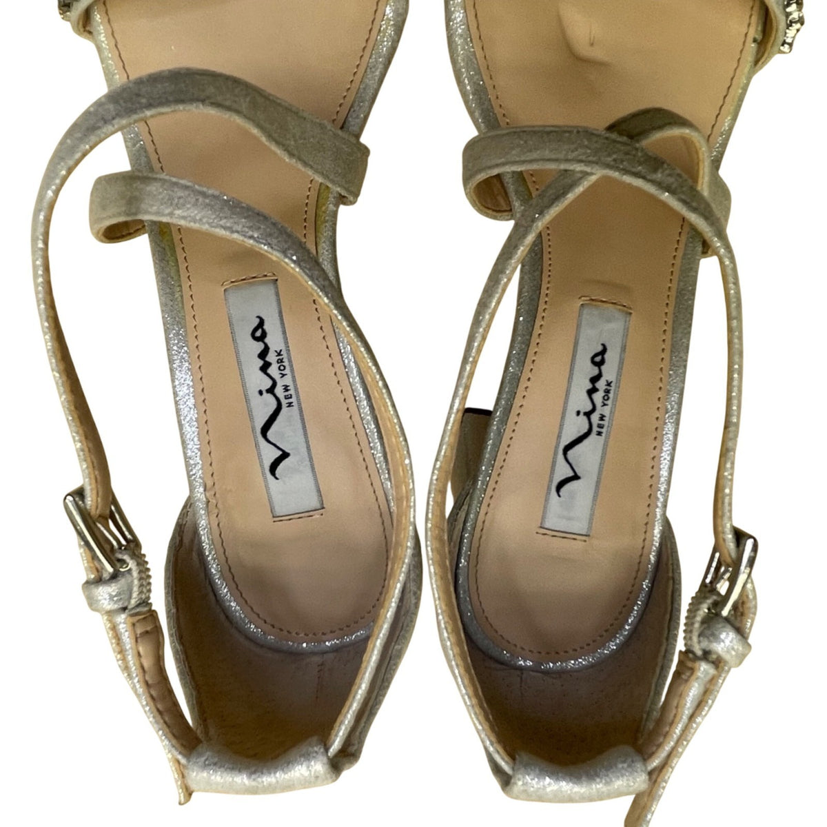 Nina Women’s Silver Strappy Rhinestone Embellished Block Heel Sandals Size 6M