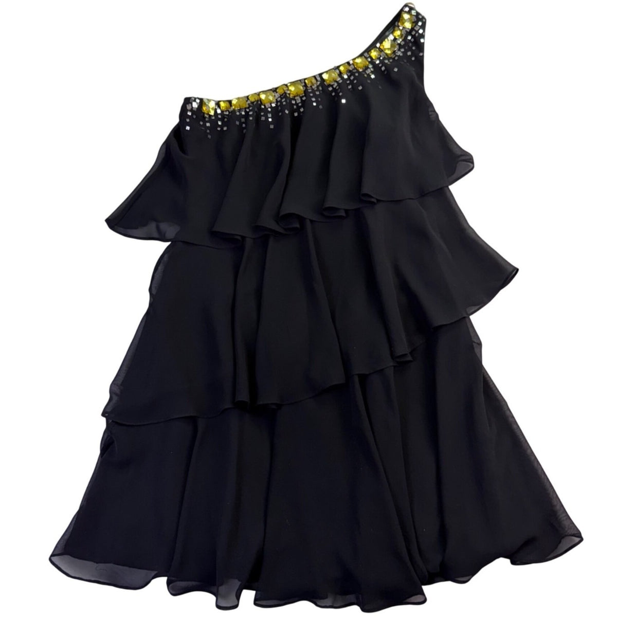 Calvin Klein Womens Black One-Shoulder Ruffle Layered Dress With Beaded Detail