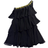 Calvin Klein Womens Black One-Shoulder Ruffle Layered Dress With Beaded Detail