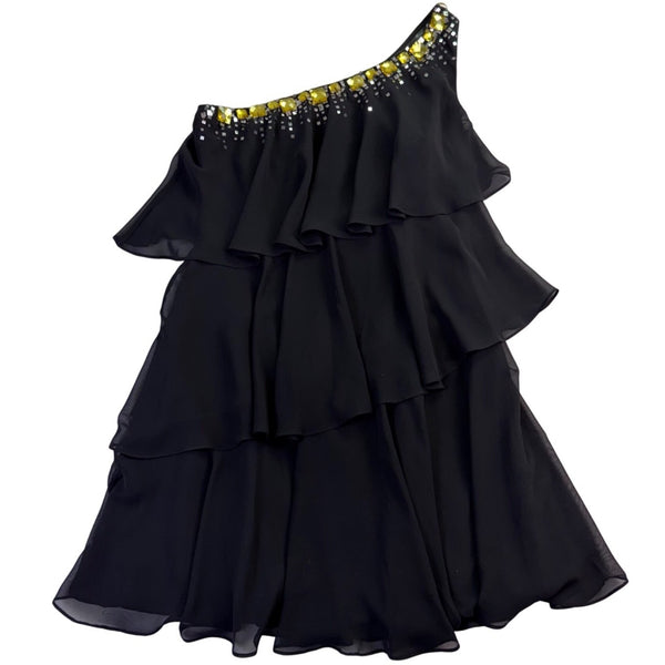 Calvin Klein Womens Black One-Shoulder Ruffle Layered Dress With Beaded Detail