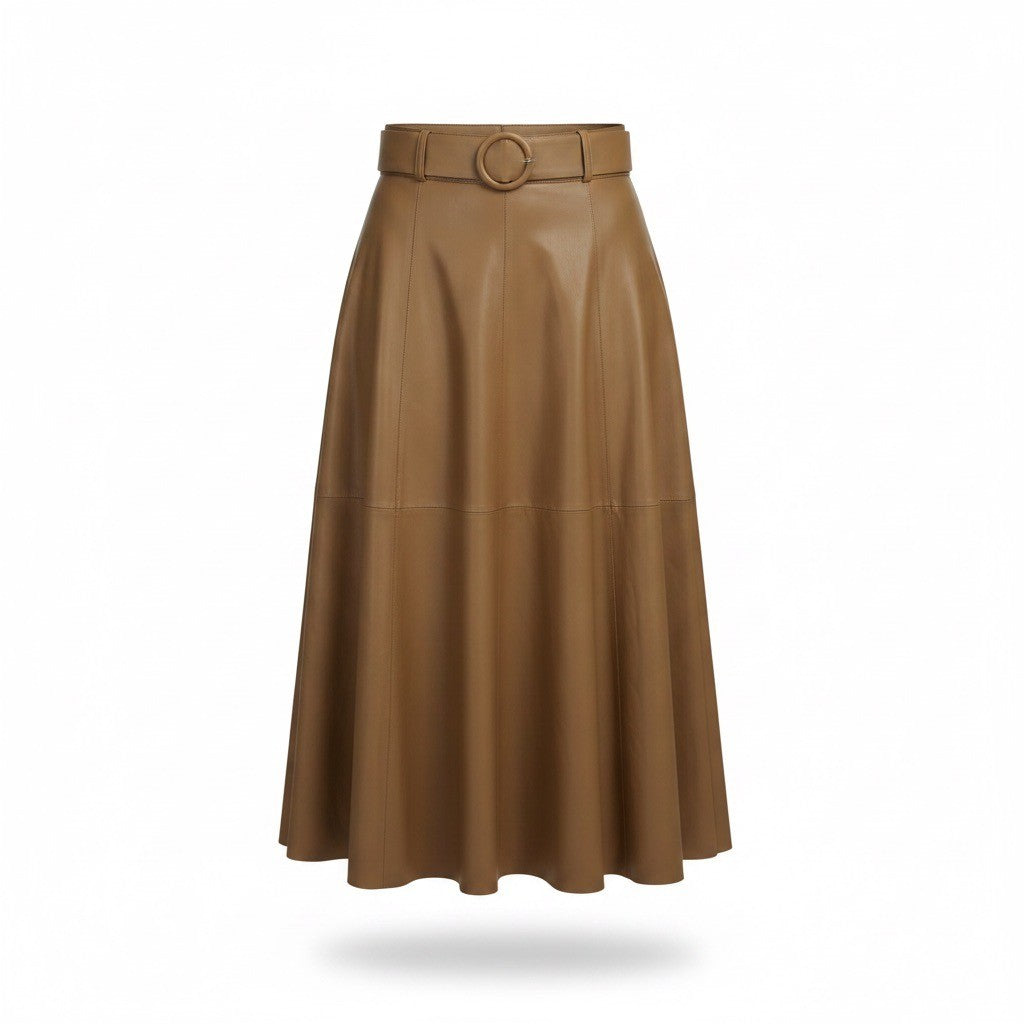 Zara Womens Tan Faux Leather Belted A-Line Midi Skirt Stylish Flared Design Sz S