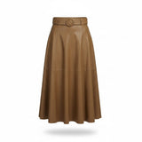 Zara Womens Tan Faux Leather Belted A-Line Midi Skirt Stylish Flared Design Sz S