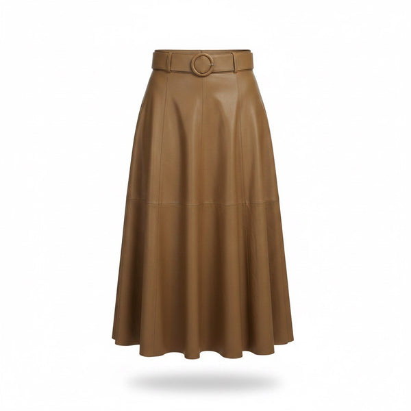 Zara Womens Tan Faux Leather Belted A-Line Midi Skirt Stylish Flared Design Sz S