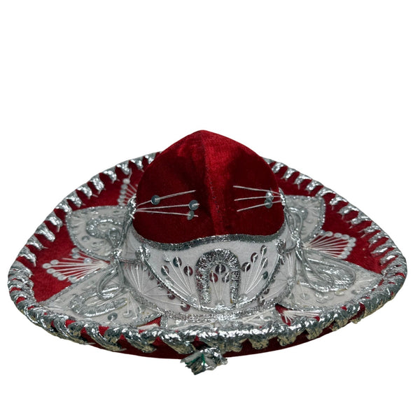 Pigalle Red & Silver Adult Mexican Sombrero Hat Velour Embroidered Traditional F