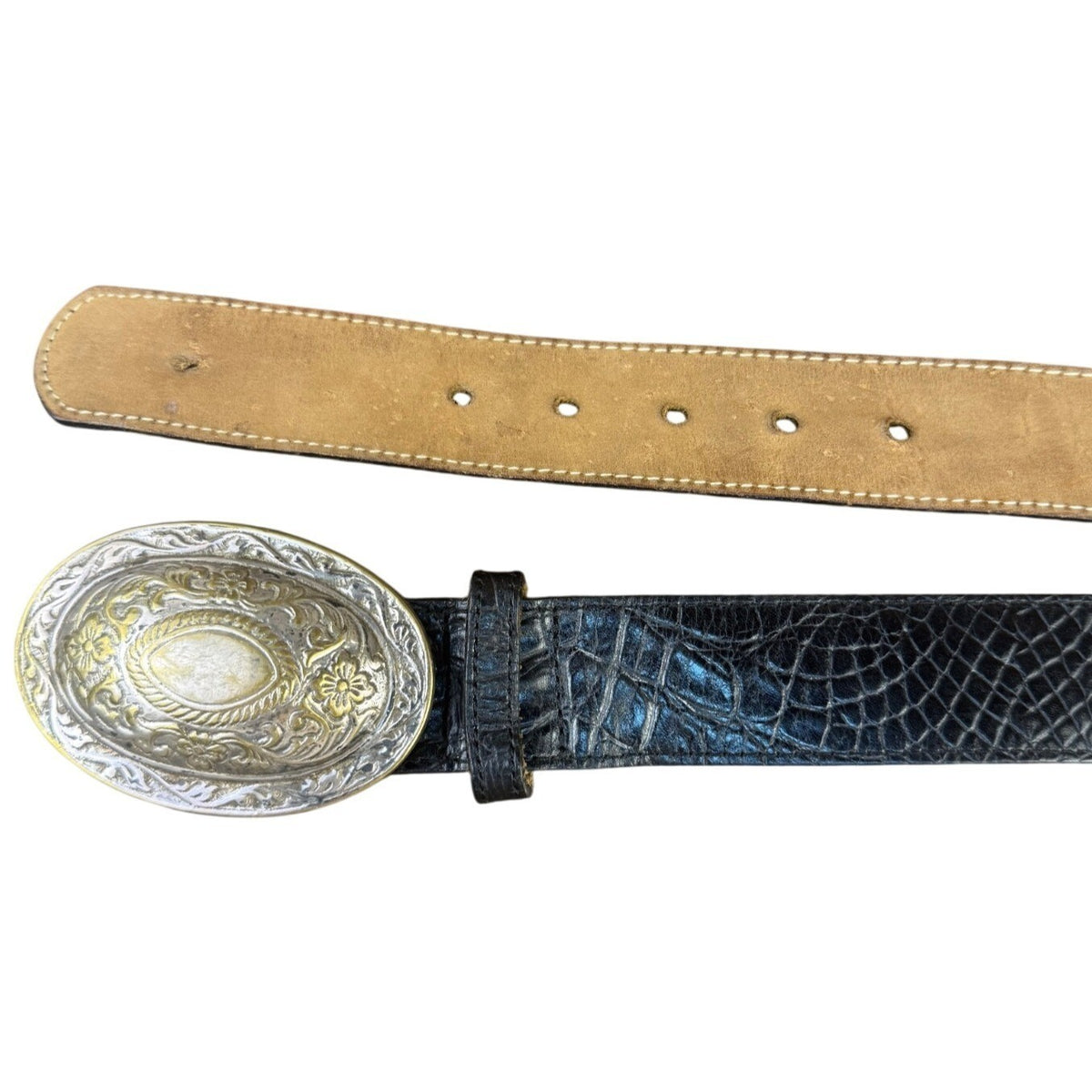 Streets Ahead Womens Black Leather Belt Croc Embossed Western Silver Buckle M