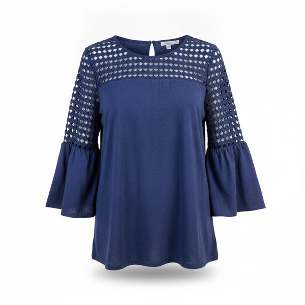Chicos Womens Navy Top Bell Sleeves Blue Perforated Style Sz XL